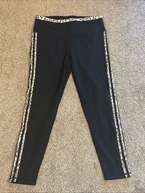 Mono B Black Leggings with Leopard-Trim Waistband and Side Stripes